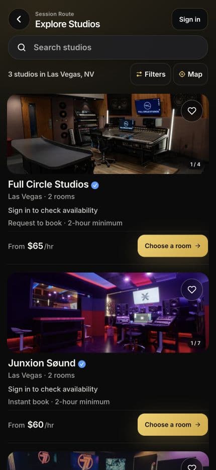Session Route Explore Studios screen showing public Las Vegas studios, room photos, hourly rates, and choose-a-room actions.
