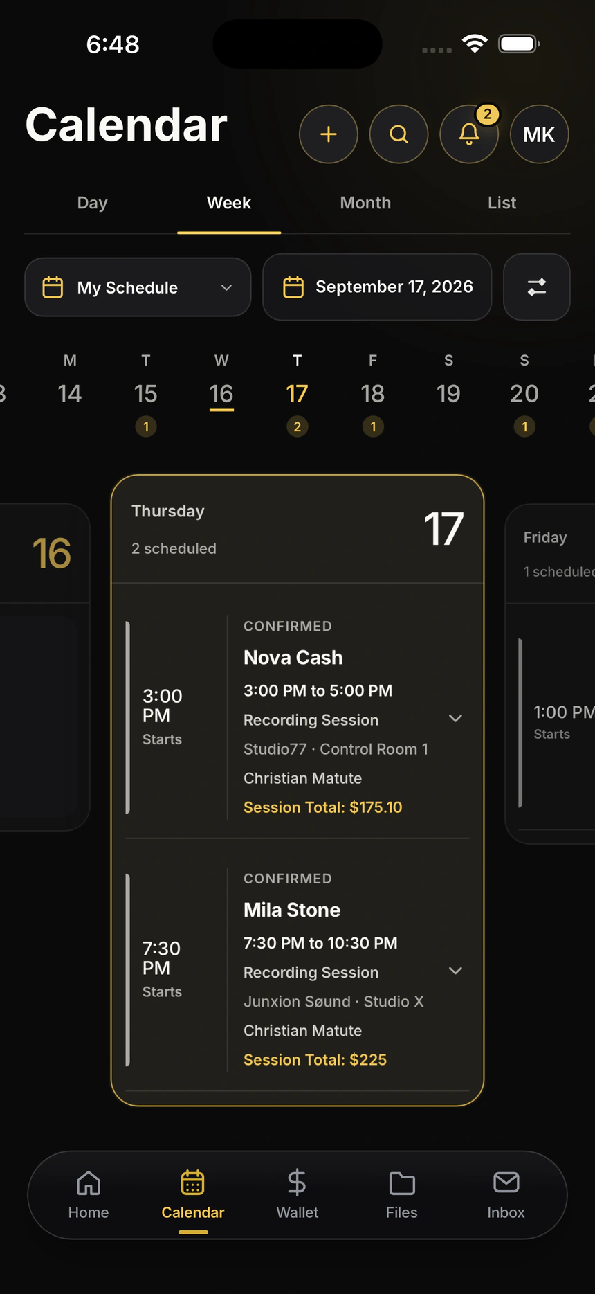 Session Route Engineer Calendar showing Week view with two scheduled recording sessions at different studios.