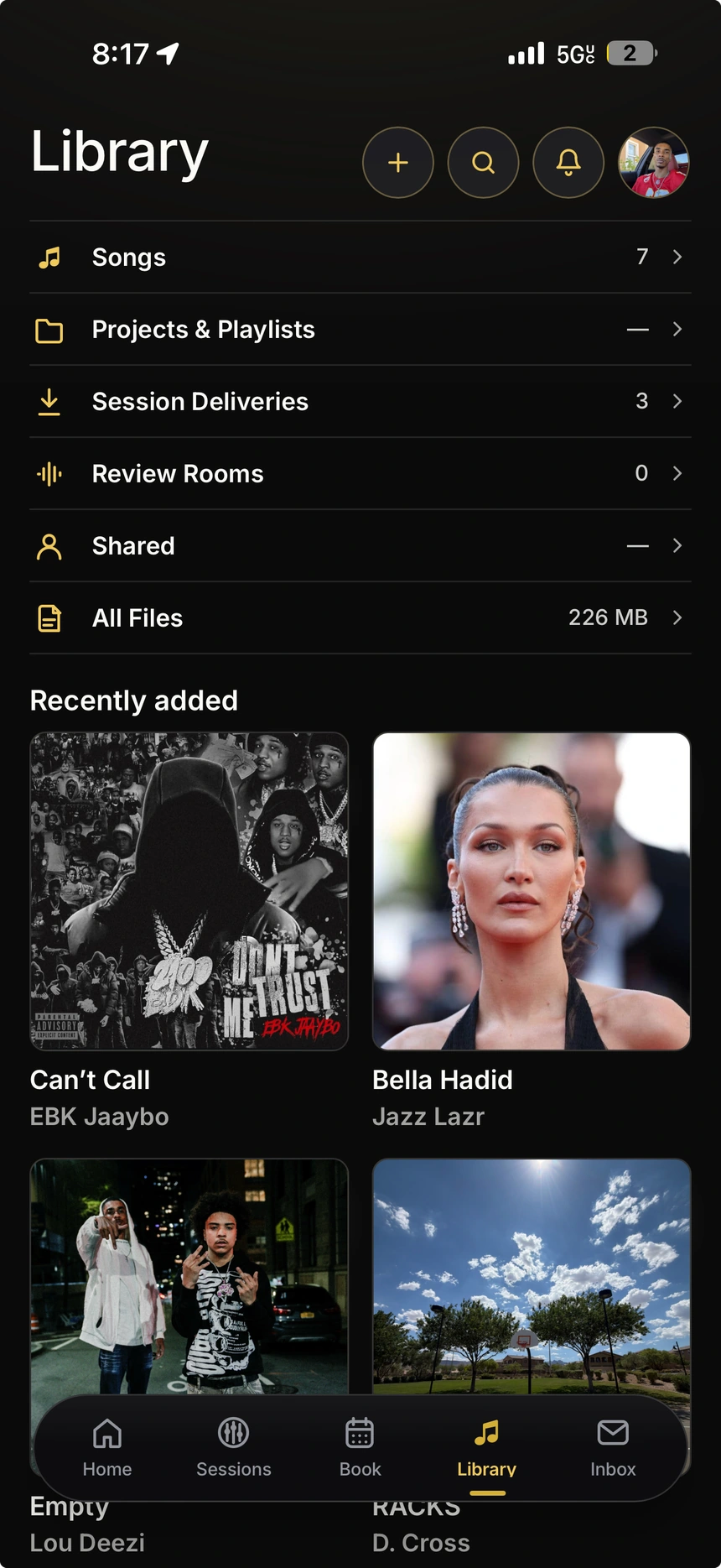 Session Route Library showing songs, session deliveries, and recently added music with different cover artwork.