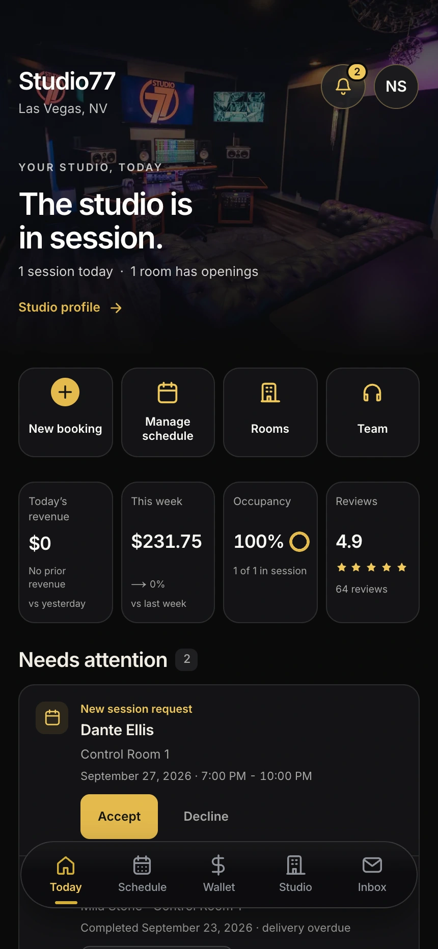 Session Route Studio Home showing the studio overview, quick actions, revenue, occupancy, reviews, and items needing attention. Example studio data.